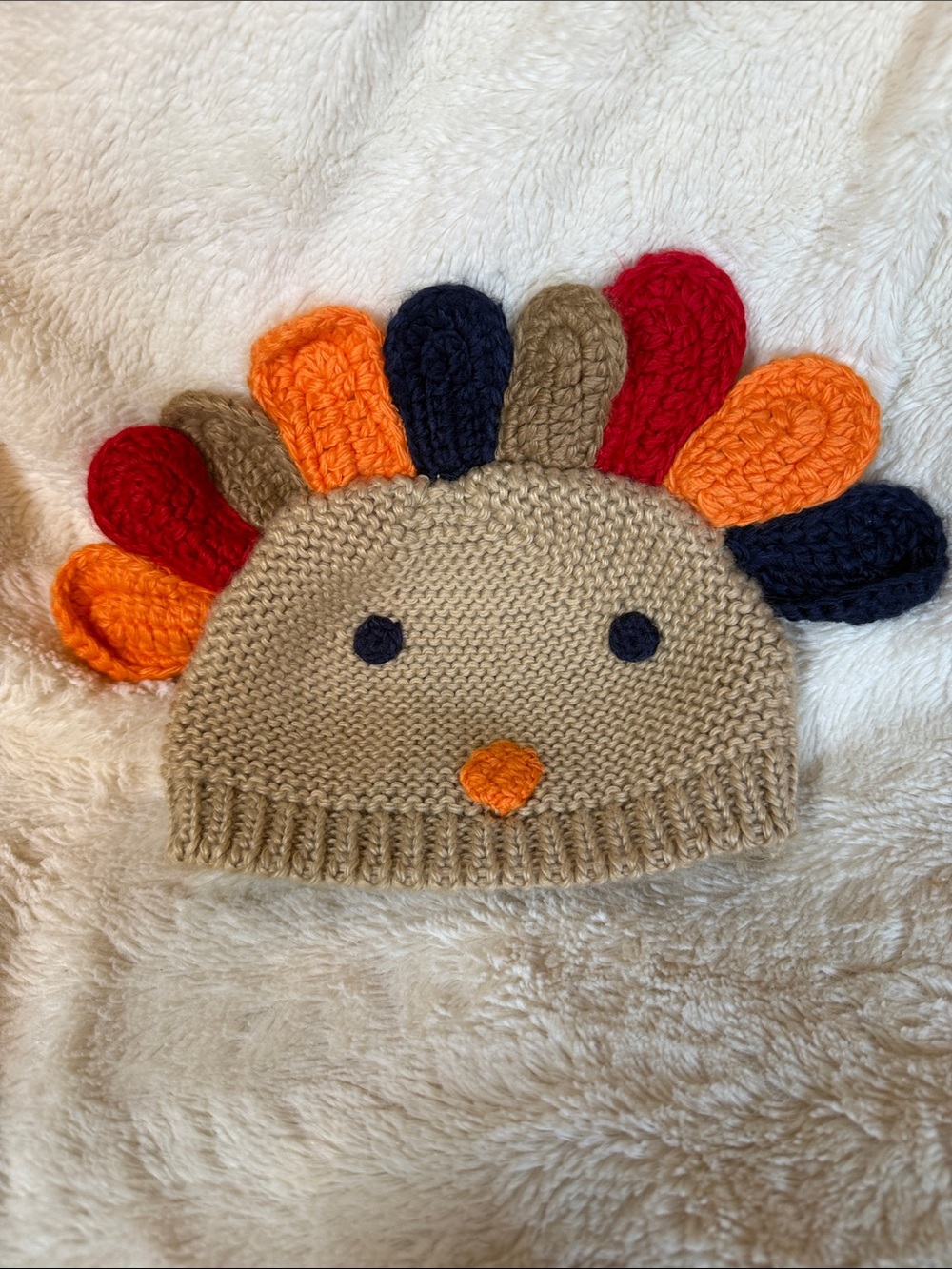 Beige Turkey Knit Hat for Kids with Red, Orange, Navy & Tan Feathers